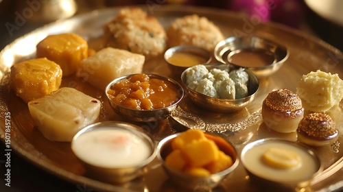 Assorted sweet and savory dishes on a traditional platter.