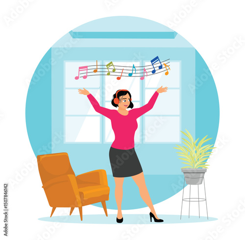 Happy Woman Enjoying Weekend Having Fun at Home Listening to Good Music and Dancing.