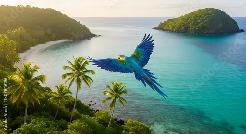 Blue macaw parrot flying over tropical beach paradise island vacation destination travel photography