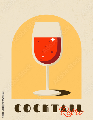 Summer cocktail in wine glass. Retro poster for pub, bar, cafe, restaurant. Minimalist contemporary vertical print. Vector illustration with grungy wall textured