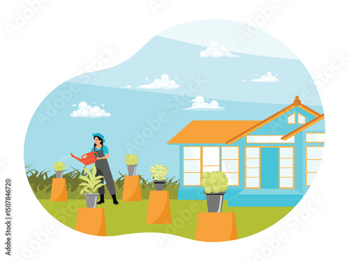 Woman Tending of Potted Houseplants with Watering at Home Garden.