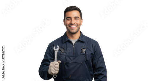 Smiling mechanic holding wrench automotive repair service professional worker isolated black background on transparent background