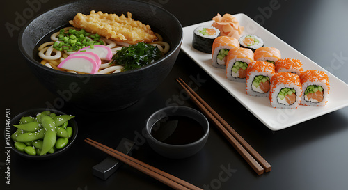 Delicious Japanese Cuisine Udon Noodle Soup Sushi Rolls and Edamame