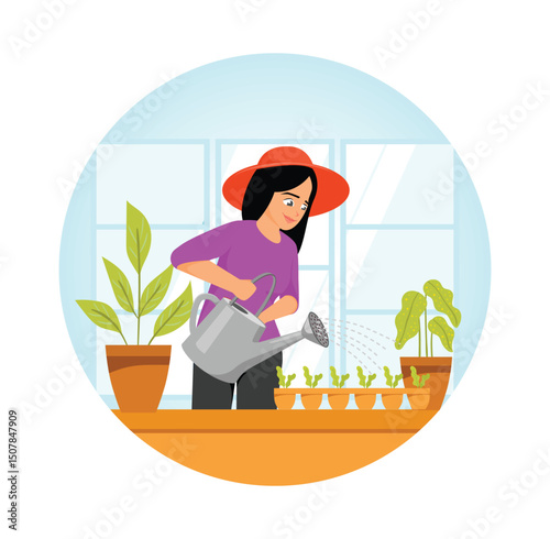 Woman Watering Fresh Herbs Growing With Watering Can Wearing Garden Hat at Home Vegetable Garden.