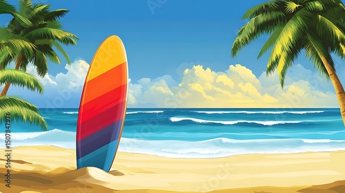 Colorful surfboard on a tropical beach scene.
