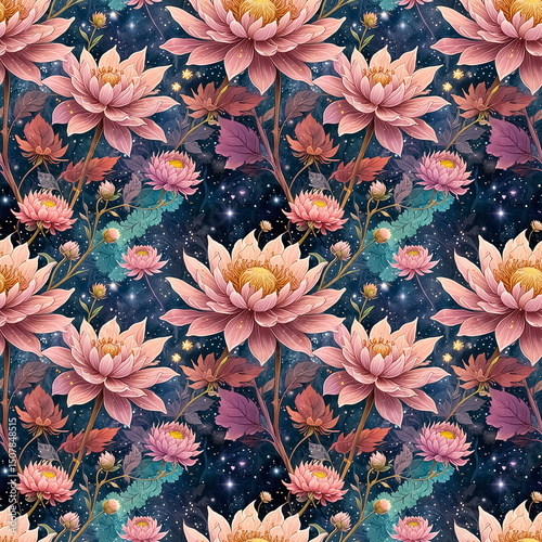 seamless floral pattern design of pink lotus flowers on a dark space background