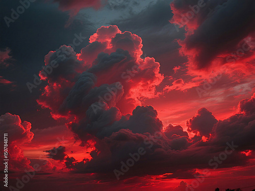 Fototapeta Naklejka Na Ścianę i Meble -  Fiery red sky and dramatic clouds at sunset with intense and vib