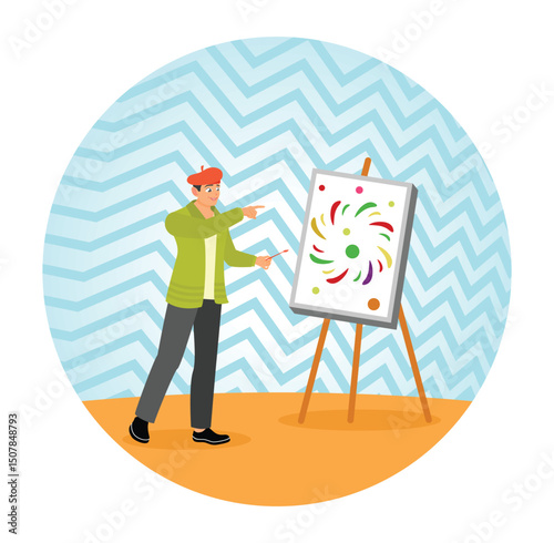 Male Painter Standing with Brush Creating Painting as Hobby in Studio.