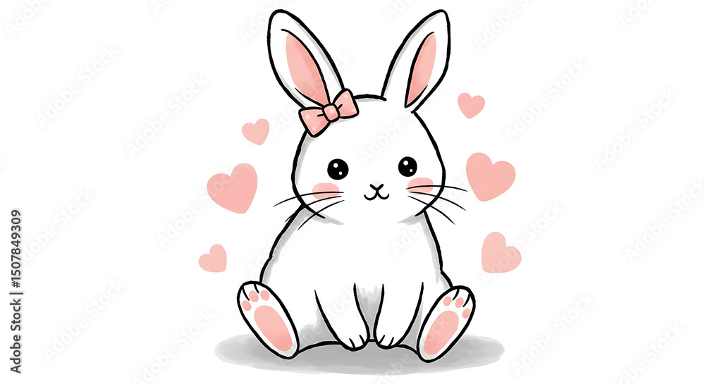 Obraz premium Adorable White Bunny Rabbit with Pink Bow Hearts Cute Cartoon Illustration