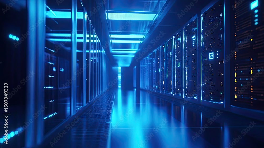 Fototapeta premium Modern Server Room Interior with Blue Lighting