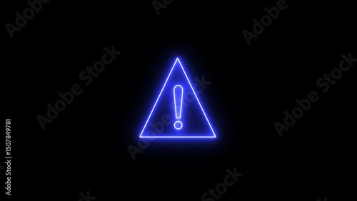 Neon exclamation warning sign on black background. Neon warning icon illustration.