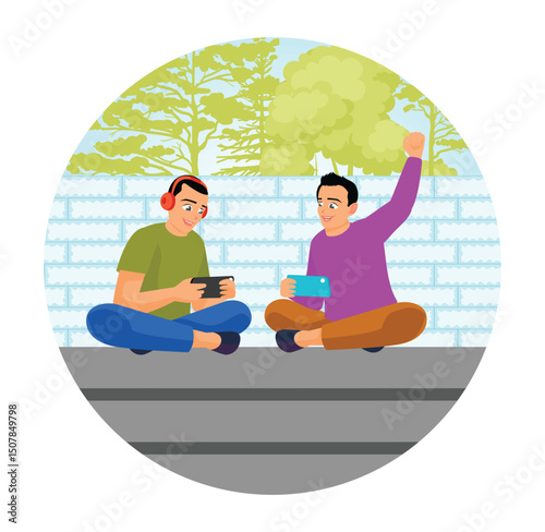 Cheerful and Overjoyed Young Male Playing Mobile Game with His Friend Outdoor.