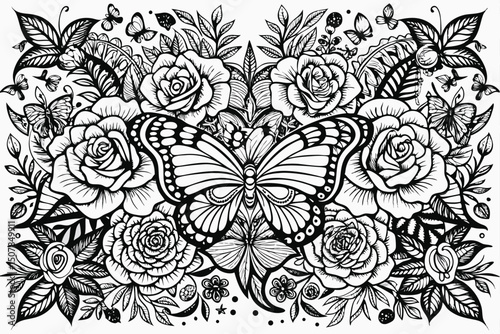 Detailed floral arrangement with butterflies and roses in black and white