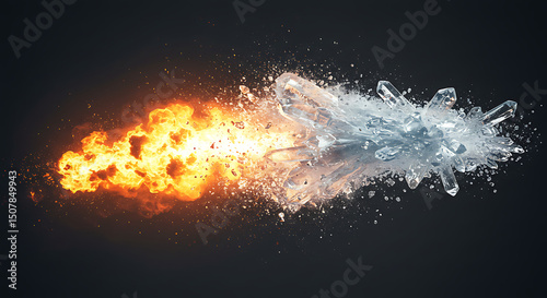 Fiery Inferno and Glacial Crystals Collide Abstract Fire and Ice Explosion