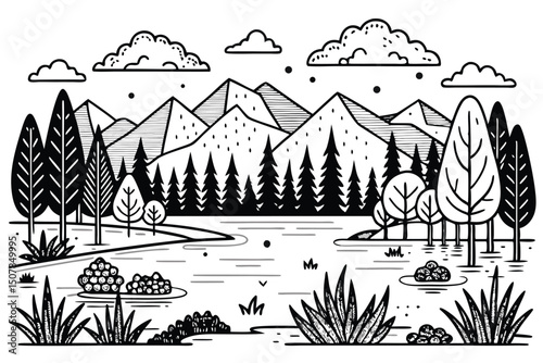 Monochrome Landscape Illustration with Mountains Trees Clouds and Water