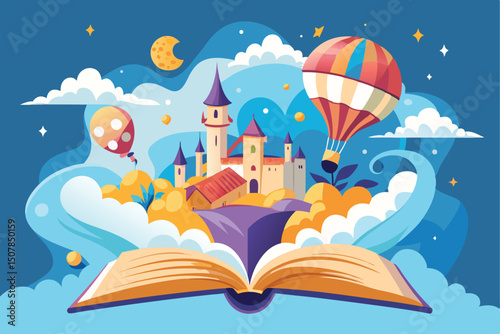 Open Book with Fantasy Castle Balloons and Dreamy Sky Illustration