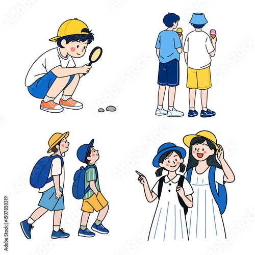 夏の遠足を楽しむ子どもたちのイラストセット