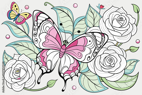 Elegant Butterfly and Rose Coloring Page Design for Relaxation and Creativity