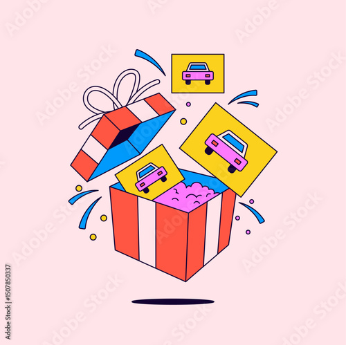 Surprise gift box with car icons card cartoon vector illustration