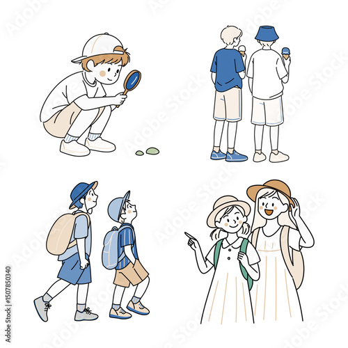 夏の遠足を楽しむ子どもたちのイラストセット