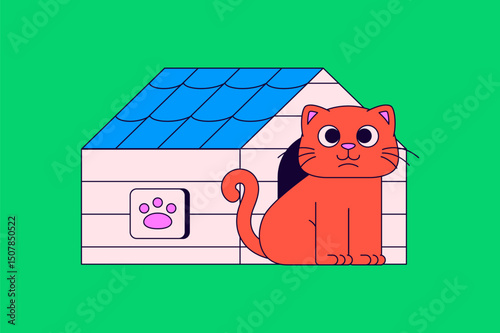Chubby orange cat with big eyes sitting beside a small pet house in cartoon vector illustration for pet themes, animal shelters, or children’s content design