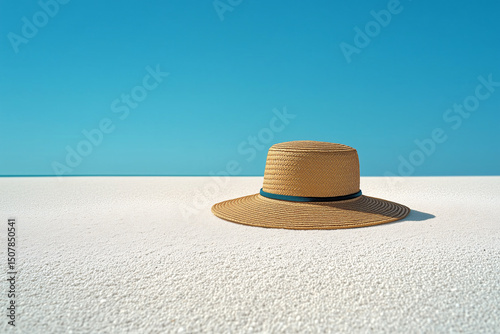 A single straw hat lies on pristine white sand beneath a bright blue sky, evoking calm and warm summer vibes