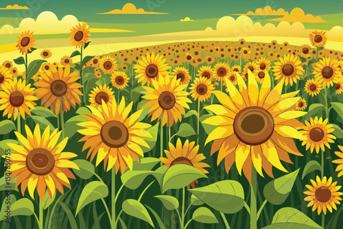Vibrant Sunflower Field Illustration with Warm Colors and a Sunny Sky