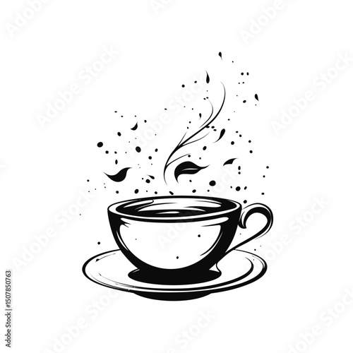 Stylized black and white depicts a steaming cup of coffee over a saucer, transparent background