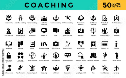 Coaching icons set with life, executive, career, leadership, wellness, business, confidence, relationship, productivity, health icon. Simple glyph vector 
