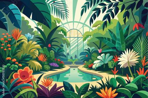 Lush Greenhouse Interior Illustration with Tropical Plants and a Serene Pond