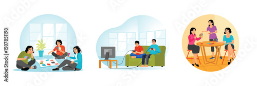Enjoying Free Time Playing Cards. Playing Games on TV.Playing Cards Together Sitting On The Chair.