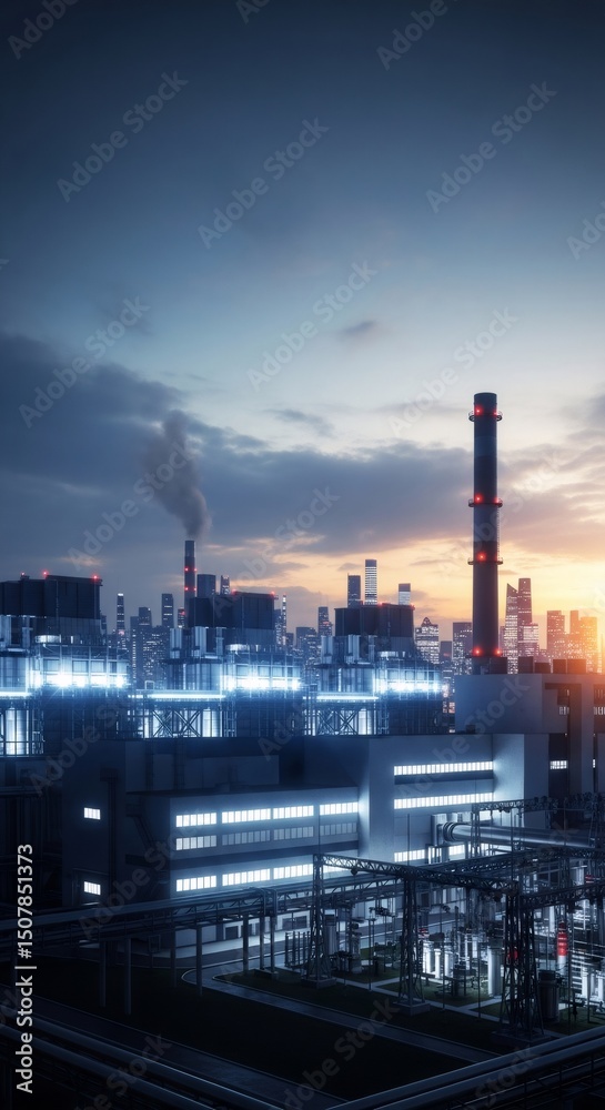 Fototapeta premium Industrial urban power plant with pipes and chimney, modern cityscape at sunset. Energy production facility, water treatment.
