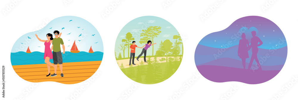 Fototapeta premium Happy Couple Walking on Waterfront. Man Follows Woman Happily. Abstract Silhouette of Couple.