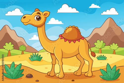 Cartoon Camel in Desert Landscape with Mountains and Blue Sky Background