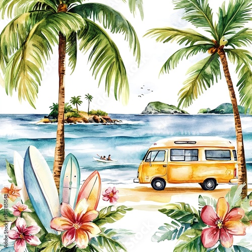 Tropical Beach Scene With Palm Trees And Yellow Van