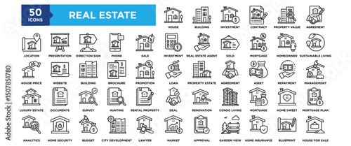 50 Real Estate icon set. Containing design investment, business, mortgage, home, finance, estate, property	