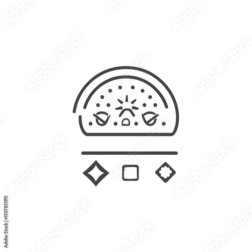 Stylized gray interface element displays dotted semicircle and simple shapes on transparent background