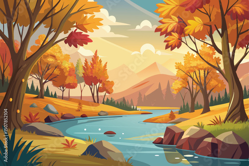 Autumn River Landscape with Colorful Trees and Mountains in the Background