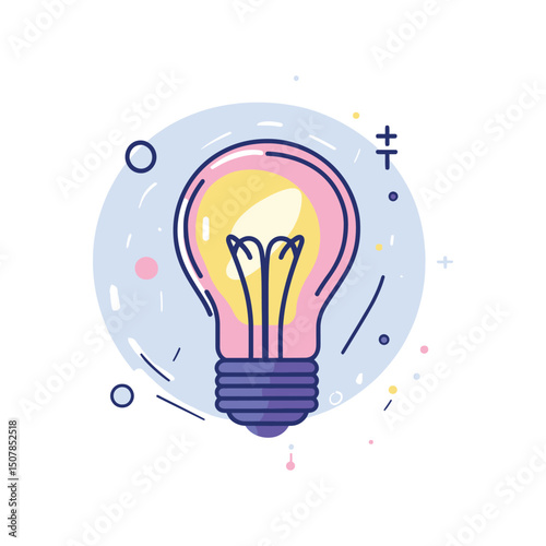 Stylized lightbulb emits yellow light with a pink outline against a playful background