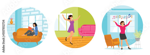 Girl Working on a Laptop at Home. Wearing Headphones Having Fun Dancing. Listening to Good Music.