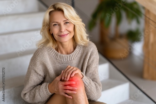 Woman with knee pain on staircase