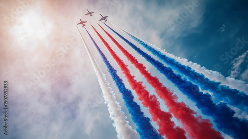 Paris Air Show, Air Show Jets Red White and Blue Smoke Trails Aerobatic Display