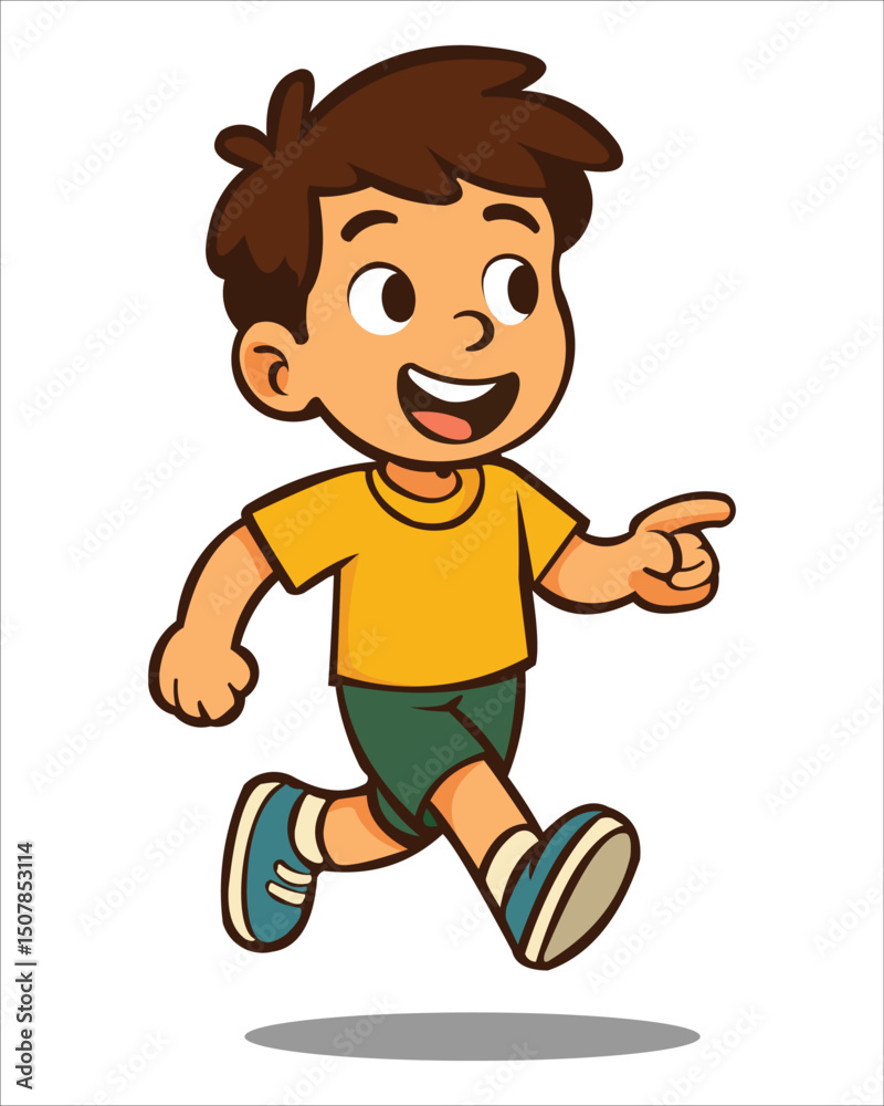 Cute cartoon boy walking while pointing forward with a cheerful expression. This child character is wearing a yellow t-shirt and green shorts, giving a sense of direction and excitement. Cute cartoon boy walking while pointing forward with a cheerful expression. This child character is wearing a yellow t-shirt and green shorts, giving a sense of direction and excitement.