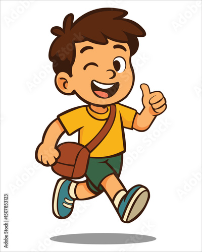 PrintCute cartoon boy walking with a wink and thumbs-up gesture. This cheerful child character wears a yellow shirt, green shorts, and a shoulder bag. Perfect for educational materials, storybooks