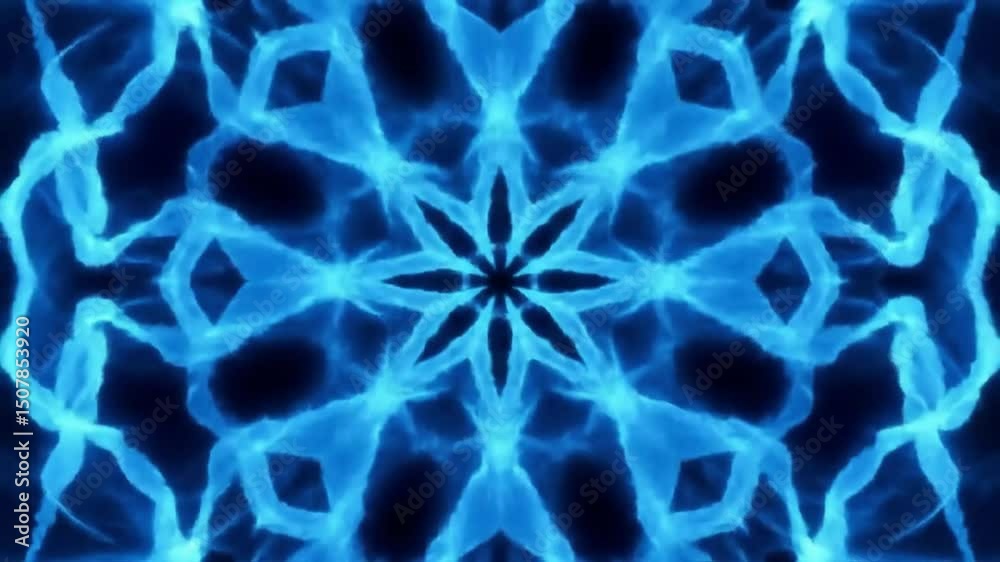 A kaleidoscopic pattern of glowing blue lines against a dark background forming a floral shape