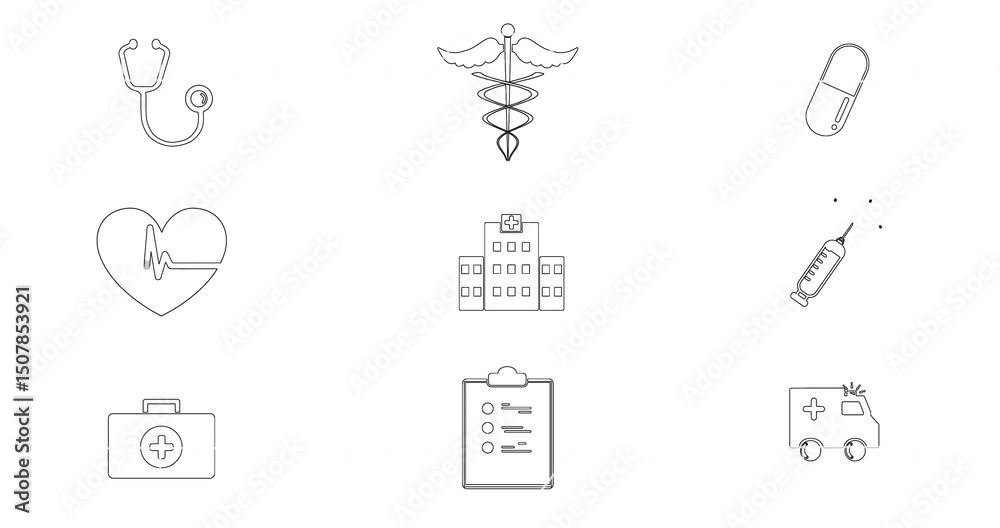 Beginning with plain white canvas, presenting 3×3 grid of static medical icons depicting healthcare
