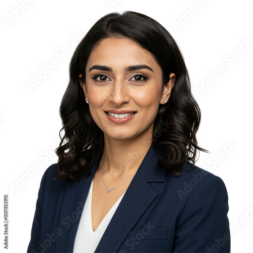 Confident young professional South Asian businesswoman in a navy blazer, smiling warmly. Elegant female executive headshot portrait, isolated on a black studio background.