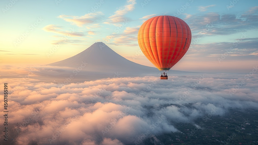 Fototapeta premium A hot air balloon soars above a sea of clouds, with a majestic mountain peak in the background.