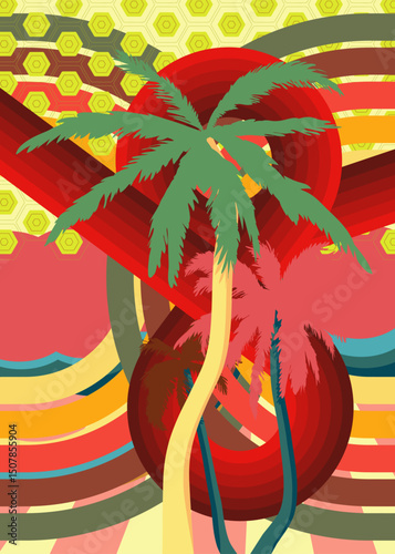 Retro 70s Background with Palm Tree. Groovy Tropical 1970s art template. Minimalistic Vintage design poster. Old-fashioned color artwork.