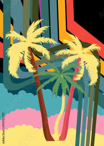 Retro 70s Background with Palm Tree. Groovy Tropical 1970s art template. Minimalistic Vintage design poster. Old-fashioned color artwork.